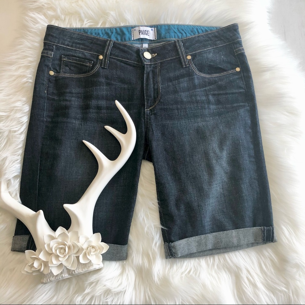 Paige Womens Cuffed Denim Button Front Pocket Bermuda Shorts Dark Denim Size 29